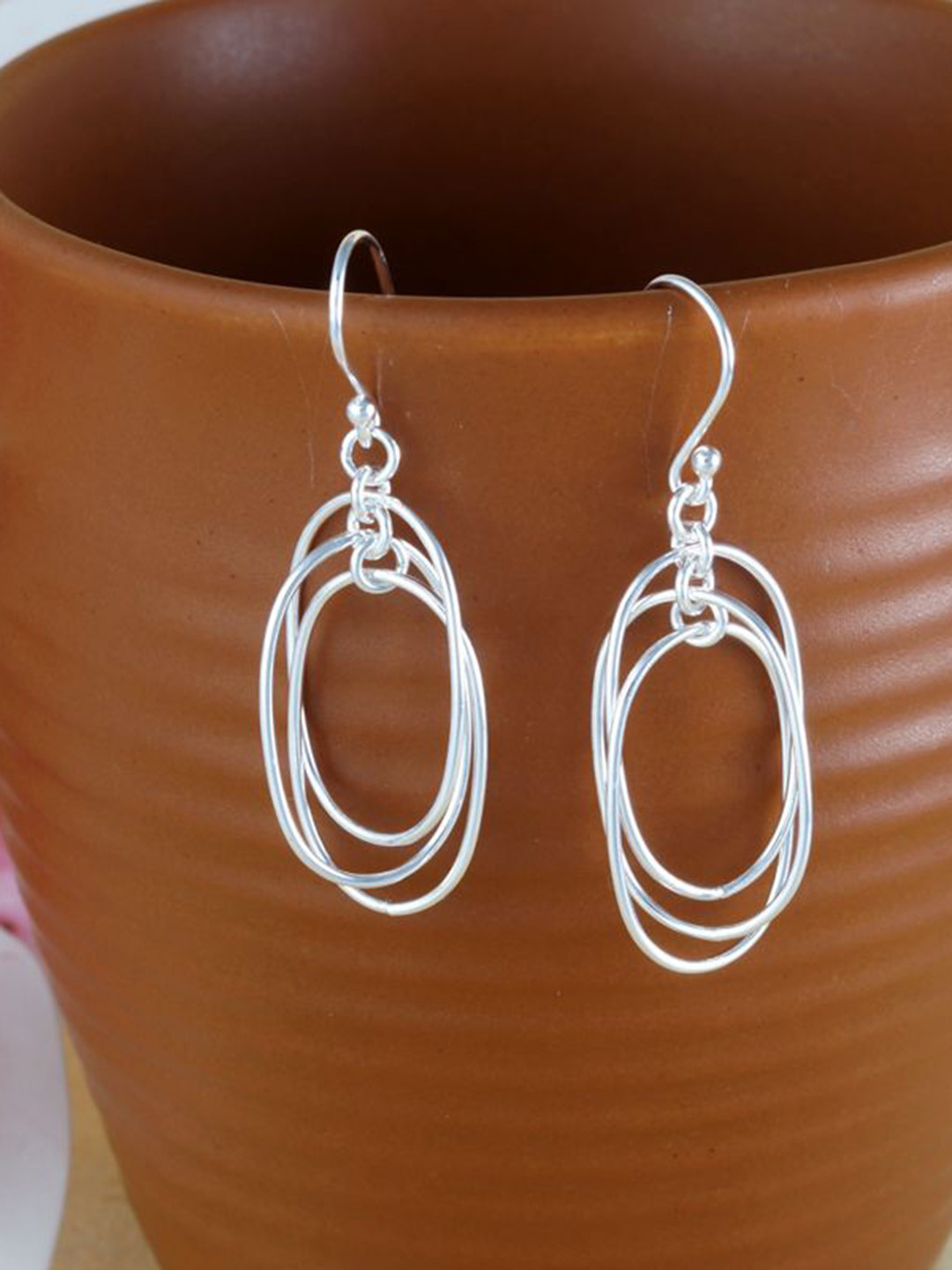 Tuanz Silver Jewelry 925 Sterling Silver Rhodium-Plated Oval Shaped Drop Earrings