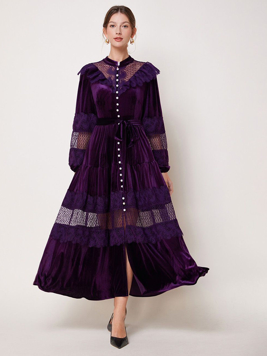 JC Collection Solid Mandarin Collar Lace Inserts Detail Fit and Flare Tiered Maxi Dress