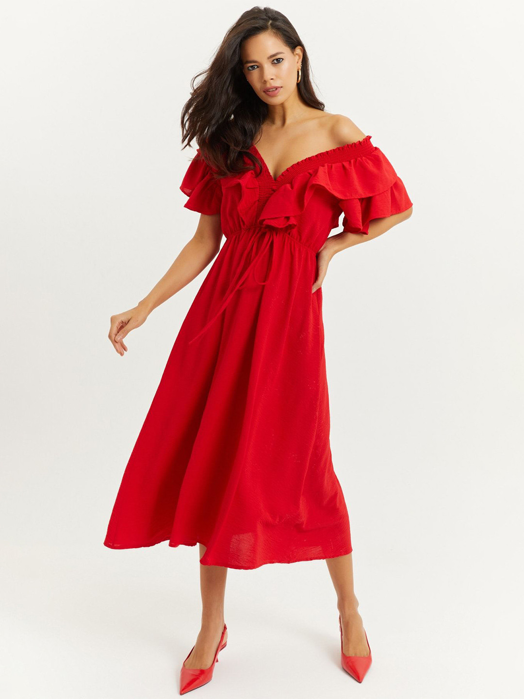 Cool & Sexy Off-Shoulder Flutter Sleeve Fit & Flare Midi Dress