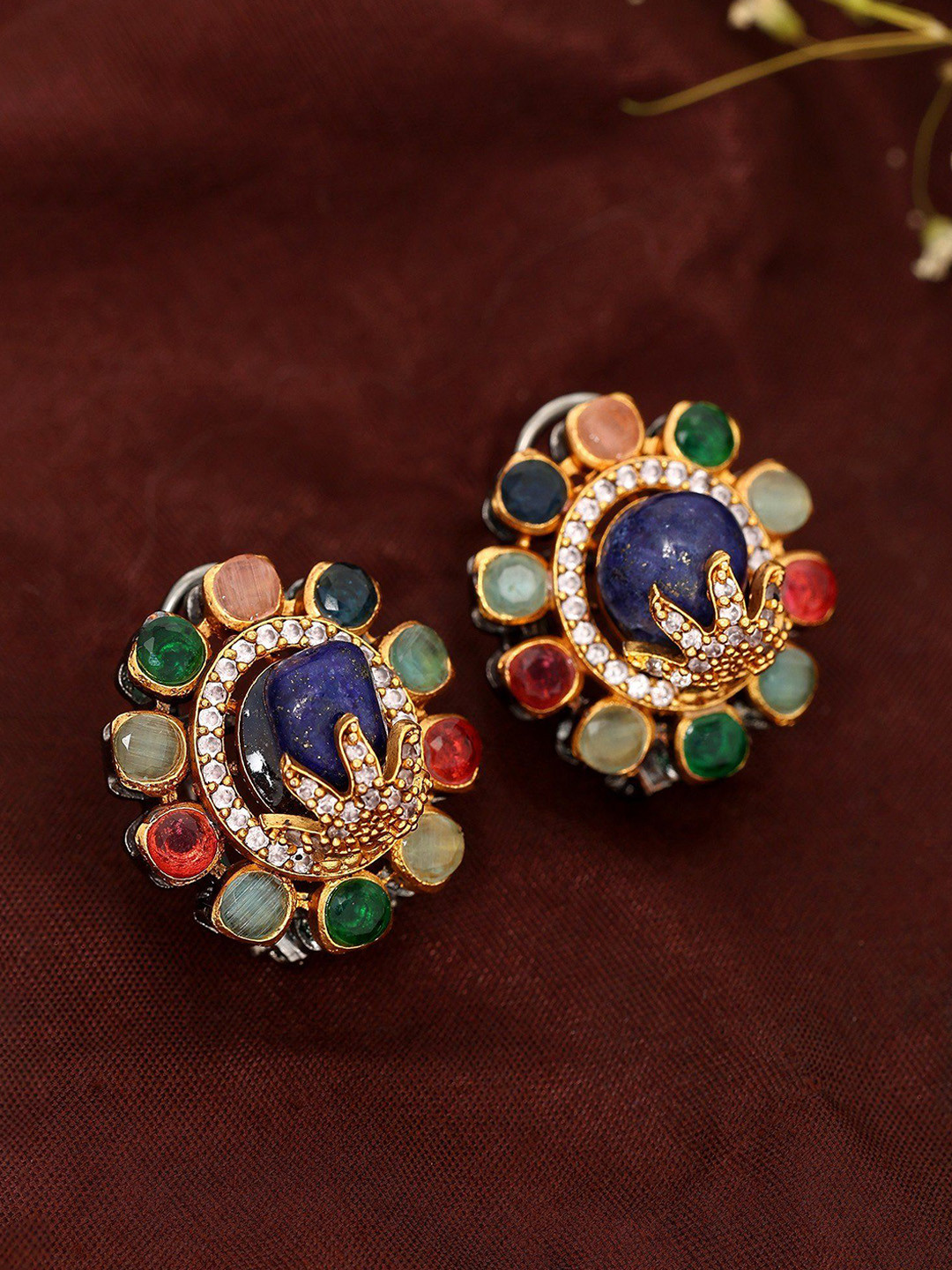 Exotic India Gold-Plated Circular Shaped Enamelled Studs Earrings