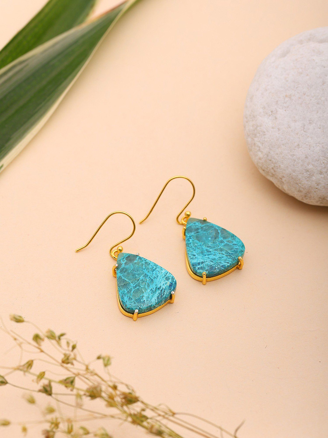 Exotic India Gold-Plated Triangular Shaped Chrysocolla Drop Earrings