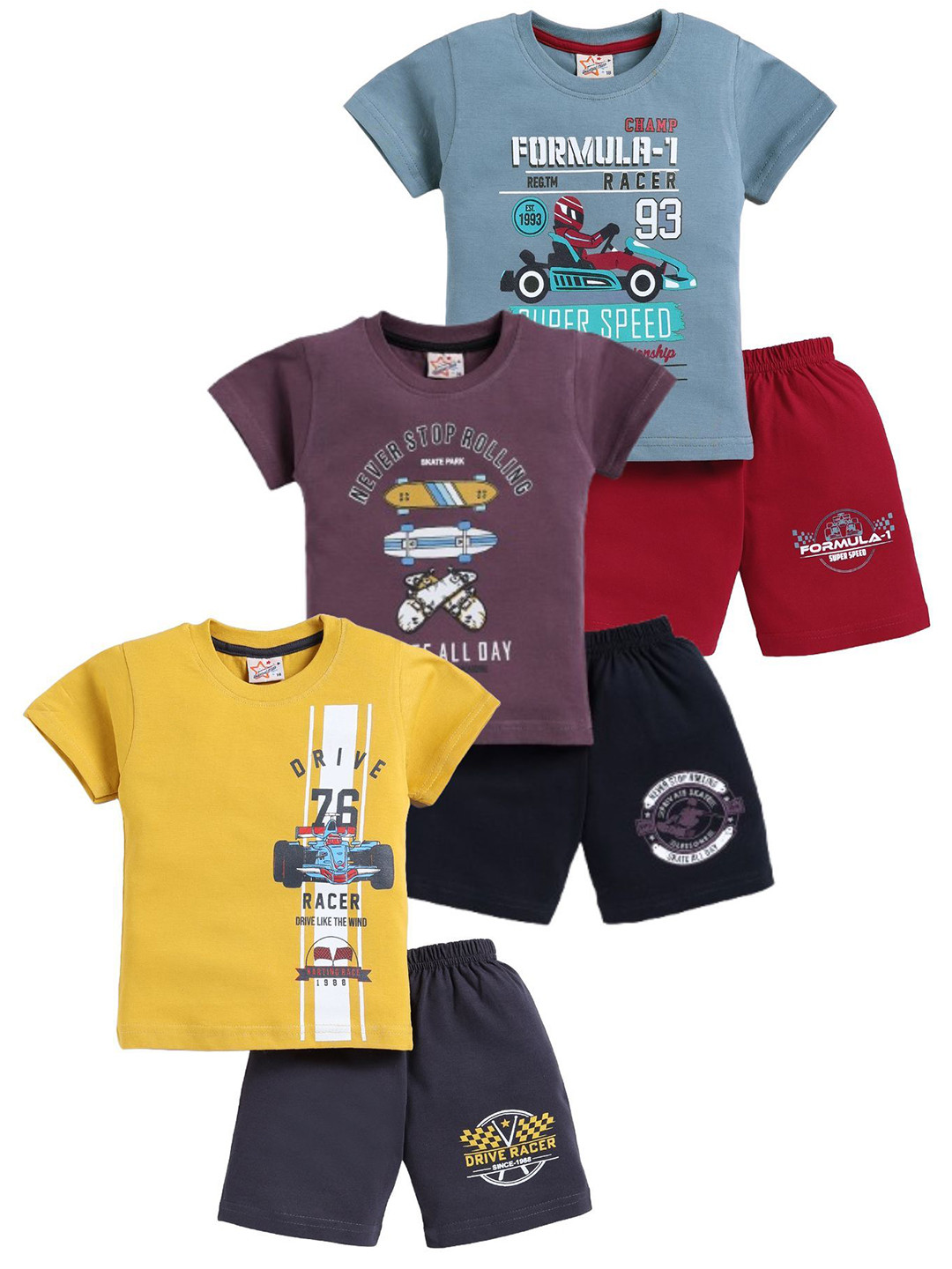 Universal Stars Boys Pack Of 3 Printed Pure Cotton Round Neck T-shirt With Shorts
