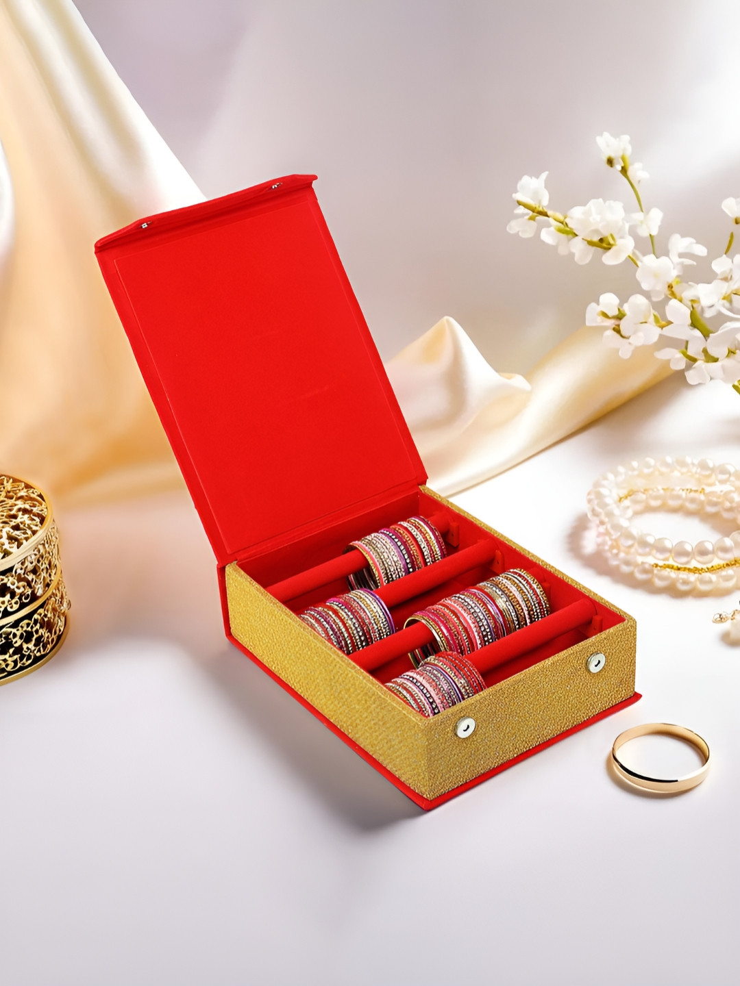 Myntra Elegant Homes Red Velvet 4 Rod Bangle Box Jewellery Organisers & Magnetic Buckles