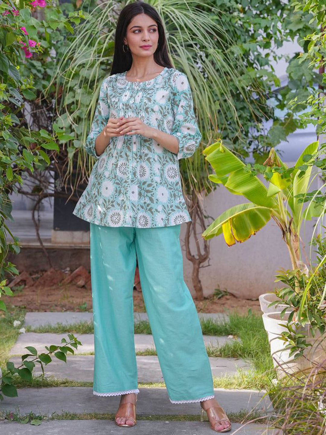 GULABI DORI Printed Round Neck Pure Cotton Tunic With Trouser