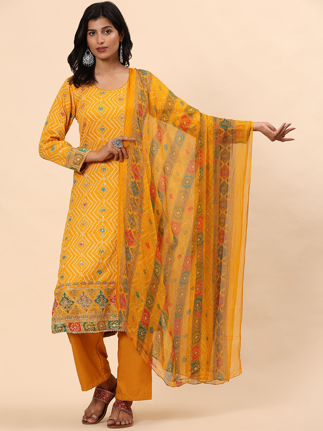 Mamicha Bandhani Printed Beads & Stones Pure Cotton Straight Kurta with Palazzos & Dupatta