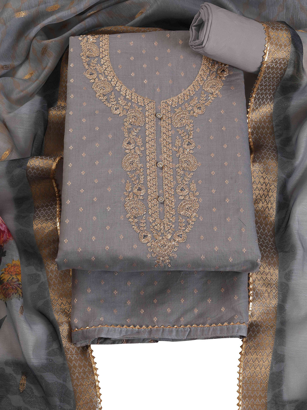 TAVAS Embroidered Chanderi Silk Unstitched Dress Material