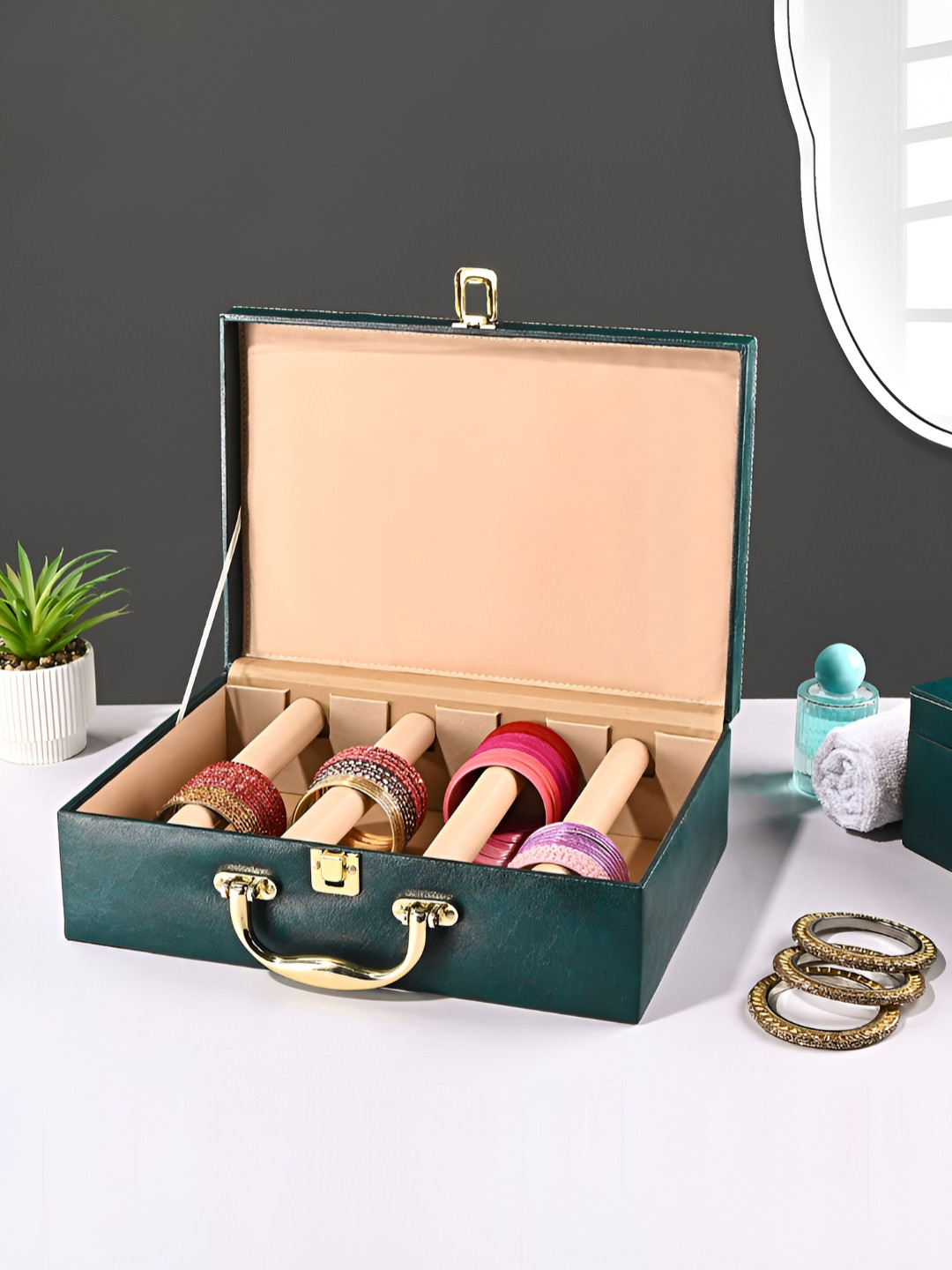 Aura Teal 4 Rod Premium Faux Leather Bangle Box Chudi Box Jewellery Organiser