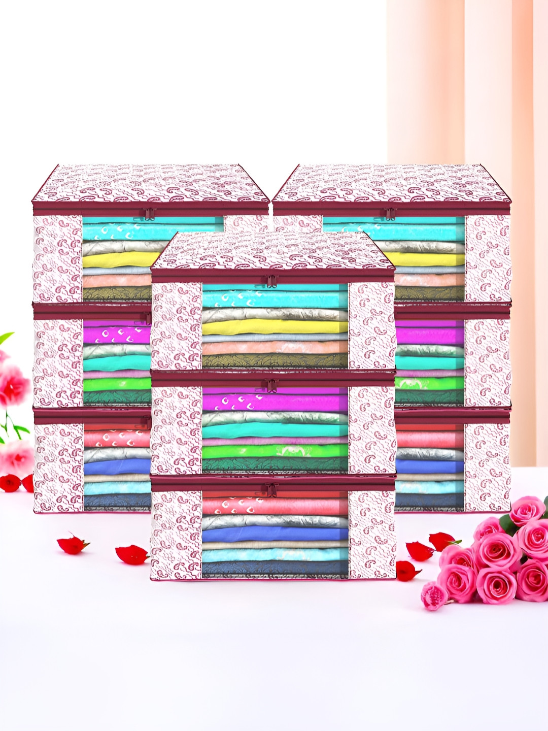 Myntra Elegant Homes Maroon Set of 9 Foldable Storage Non-Woven Saree Cover Organisers