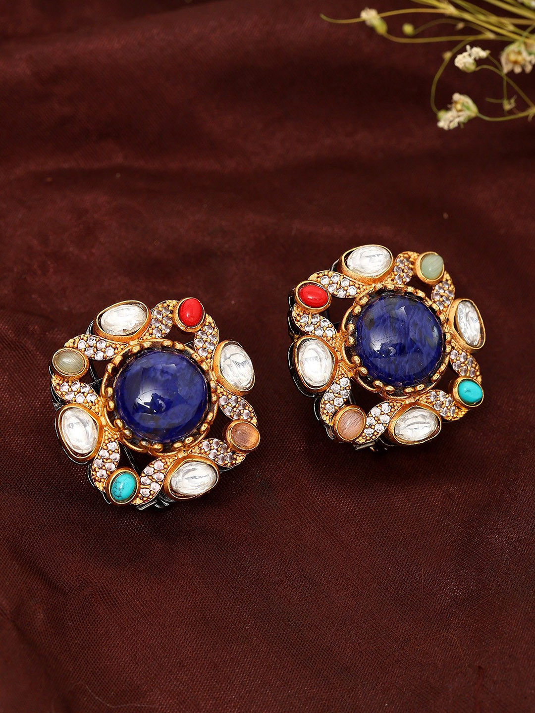 Exotic India Square Shape Multi Stone Studded Earrings with Blue Stone In Center