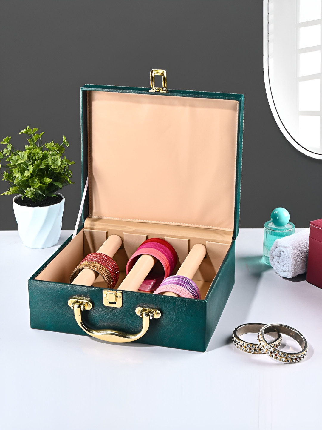 Aura Teal 3 Rod Premium Faux Leather Bangle Box Chudi Box Jewellery Organiser