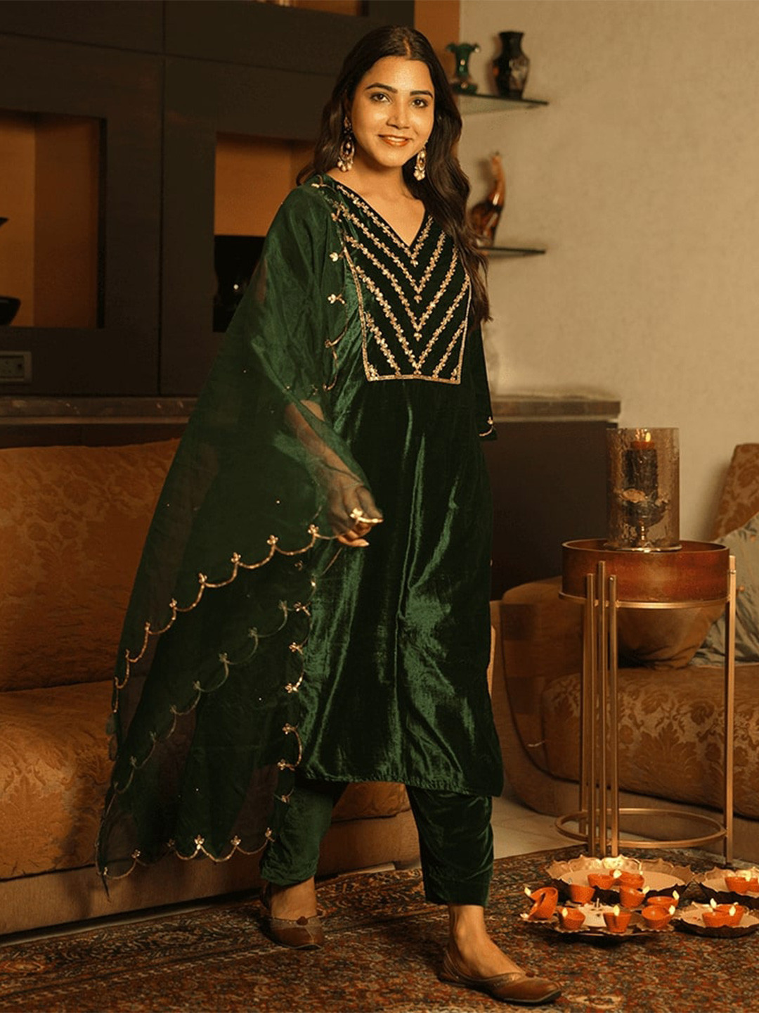 GULABI DORI Women Embroidered Sequinned V-Neck Velvet Kurta Trousers & Dupatta Kurta Set