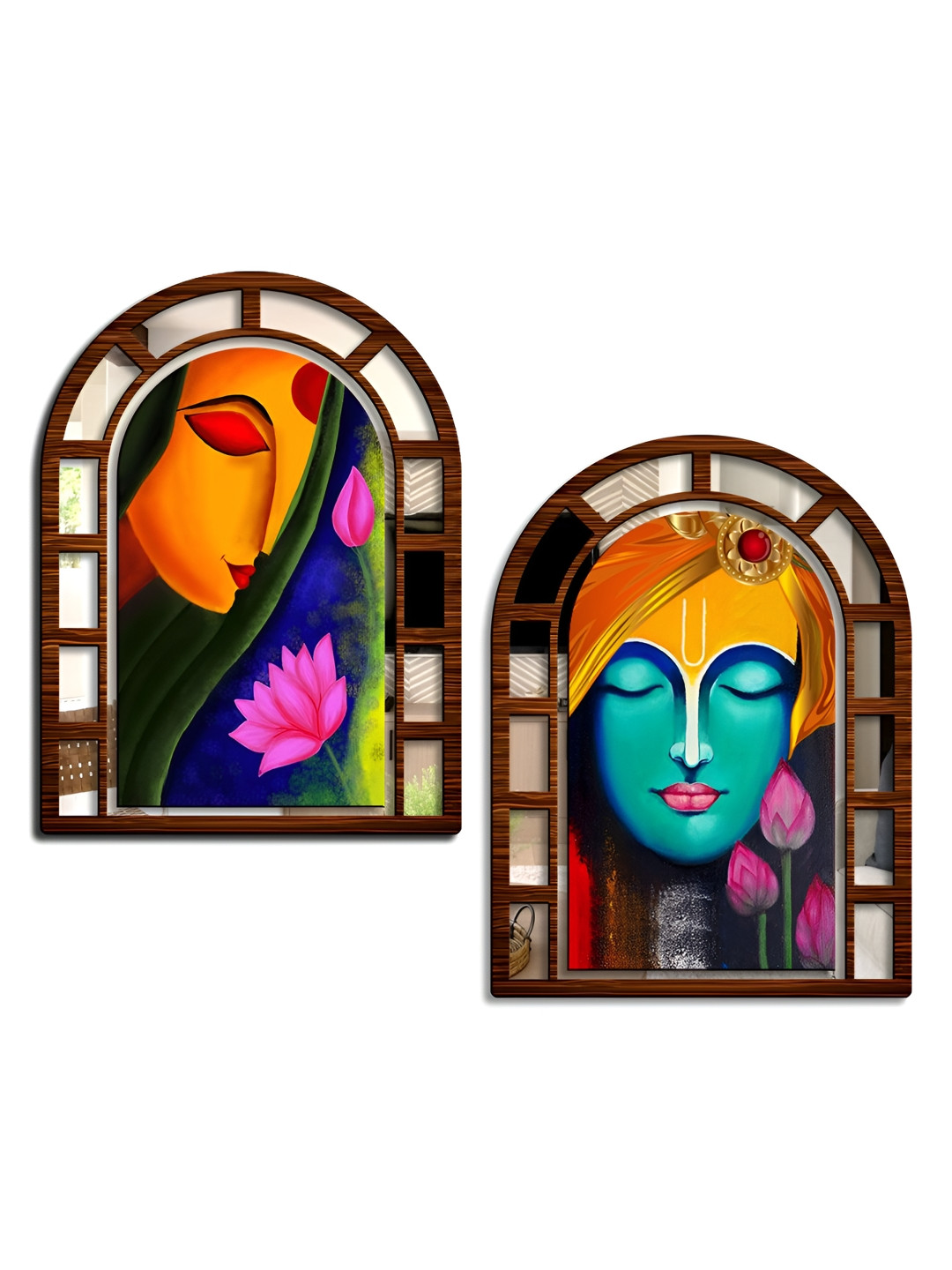 SEHAZ ARTWORKS Jharokha Wood 2 Pcs Wall Oval Paintings Wall Art -15.5x11.6In
