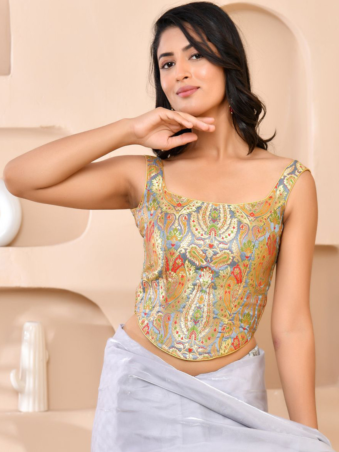 Amodini Designer Studio Brocade Woven Designed Square Neck CorsetStyle Padded Saree Blouse