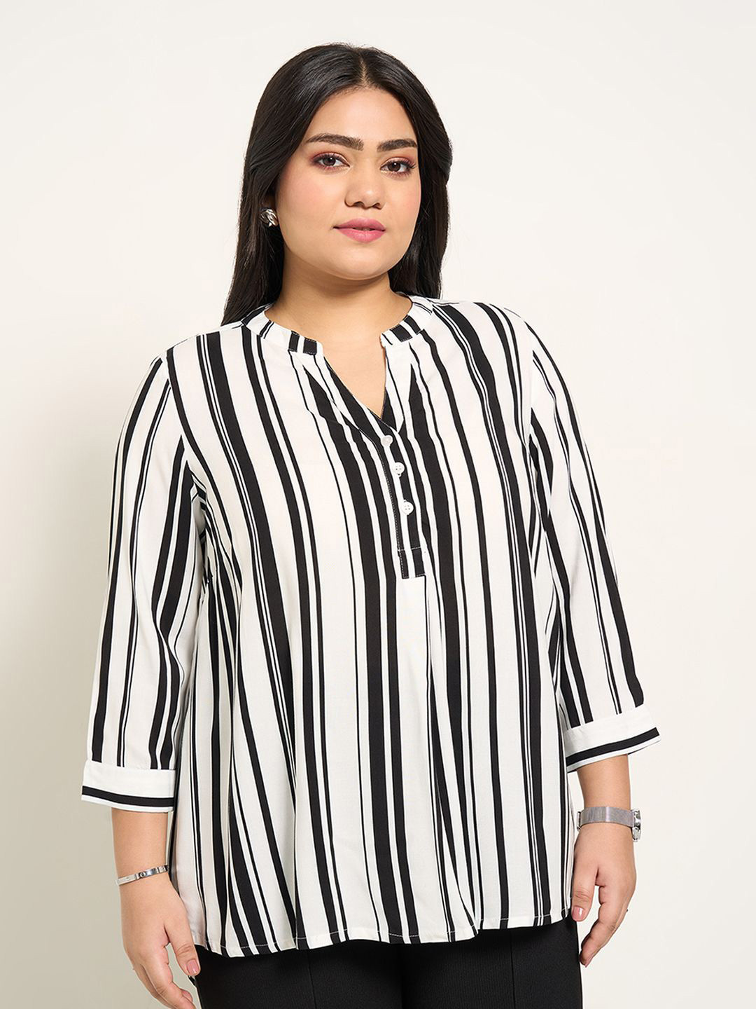Honey Curvytude by Pantaloons Plus Size Striped Mandarin Collar Roll-Up Sleeves Top