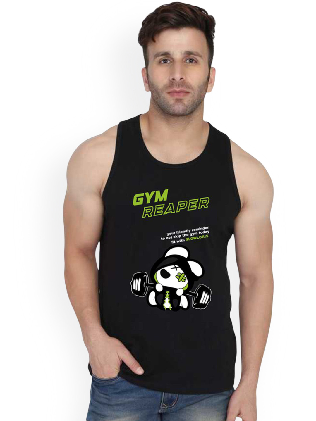 SLOWLORIS Men Printed Super Combed Cotton Gym Vest VSL26 GYM BLACK