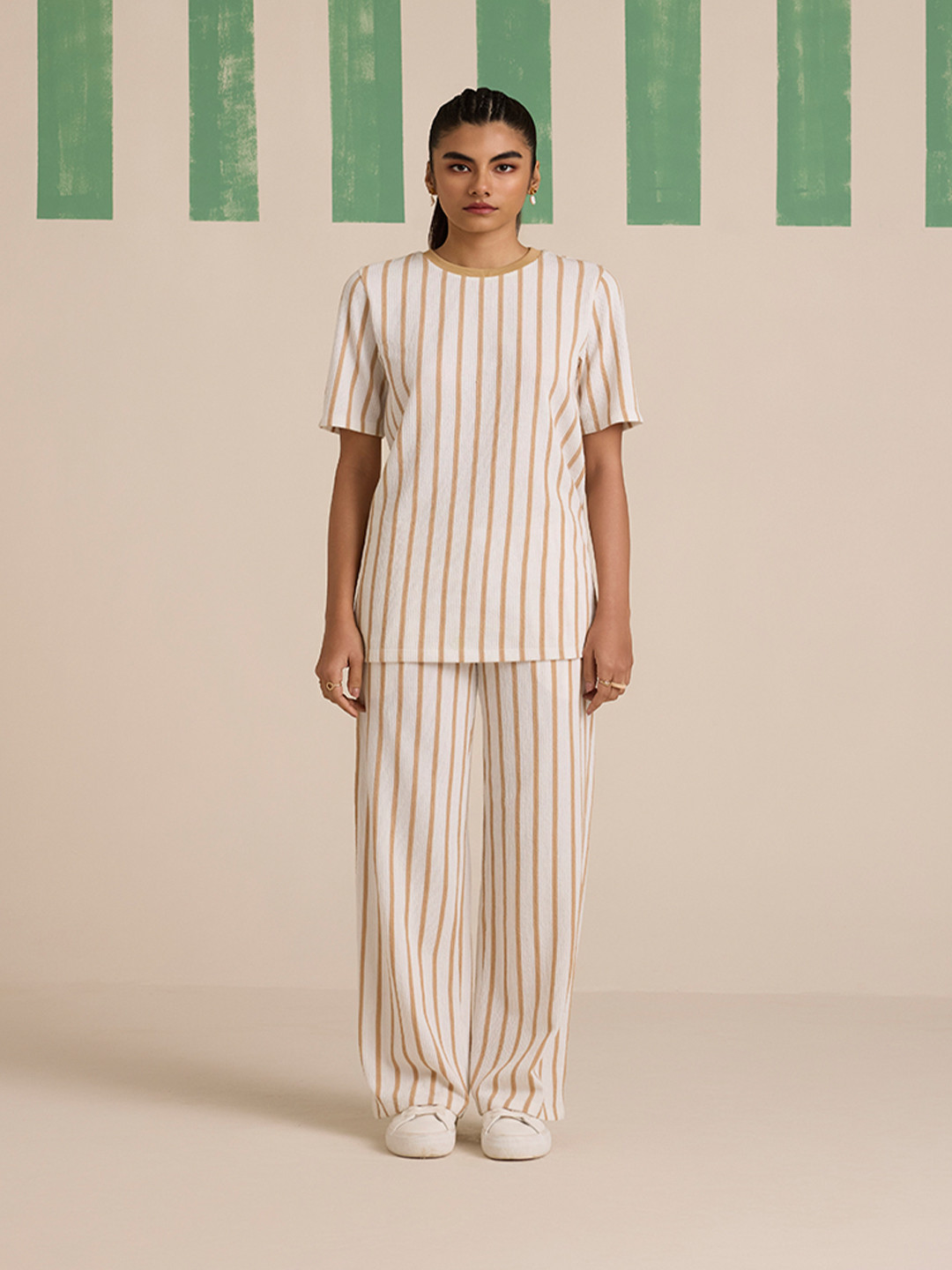 Muvazo Striped Round Neck Top With Trousers Latte Stride Co-Ords