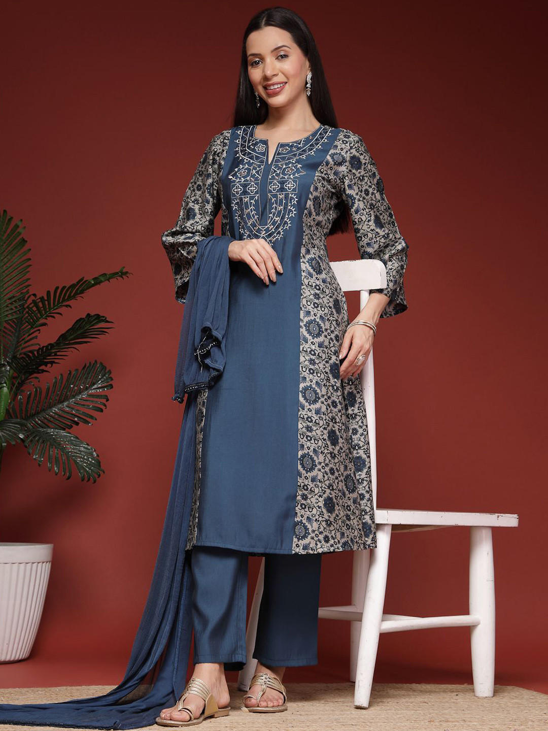 Nayam By Lakshita Floral Printed Sequinned Straight Kurta with Palazzos & Dupatta Set