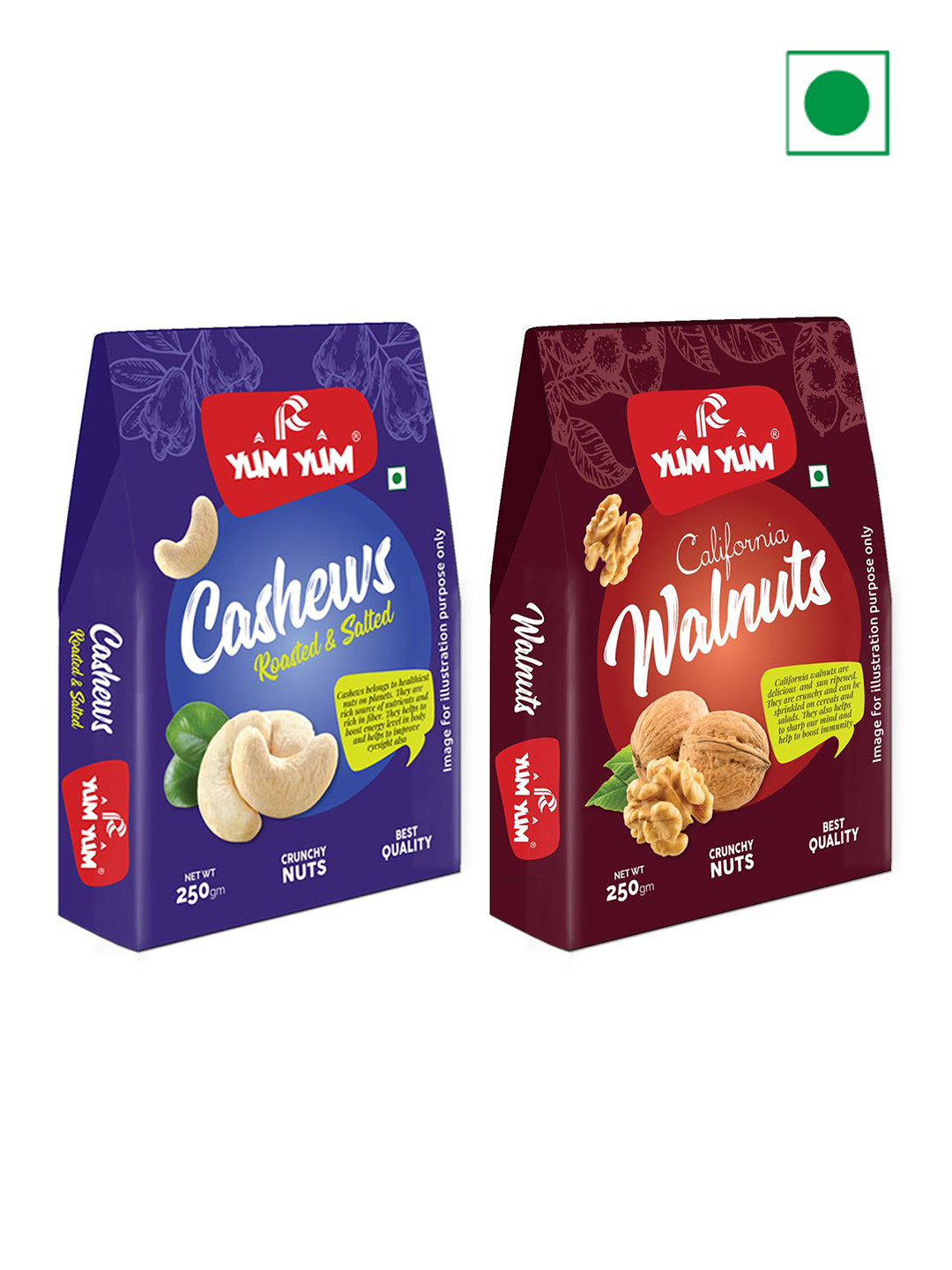 YUM YUM Set Of 2 Roasted Cashew & Walnut Kernels - 250g Each