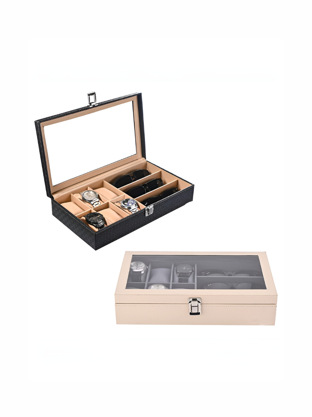 Aura Gold-Toned 2 Pcs Leather 6+3 Slots Wrist Watch Organiser Box & Sunglasses Storage Box