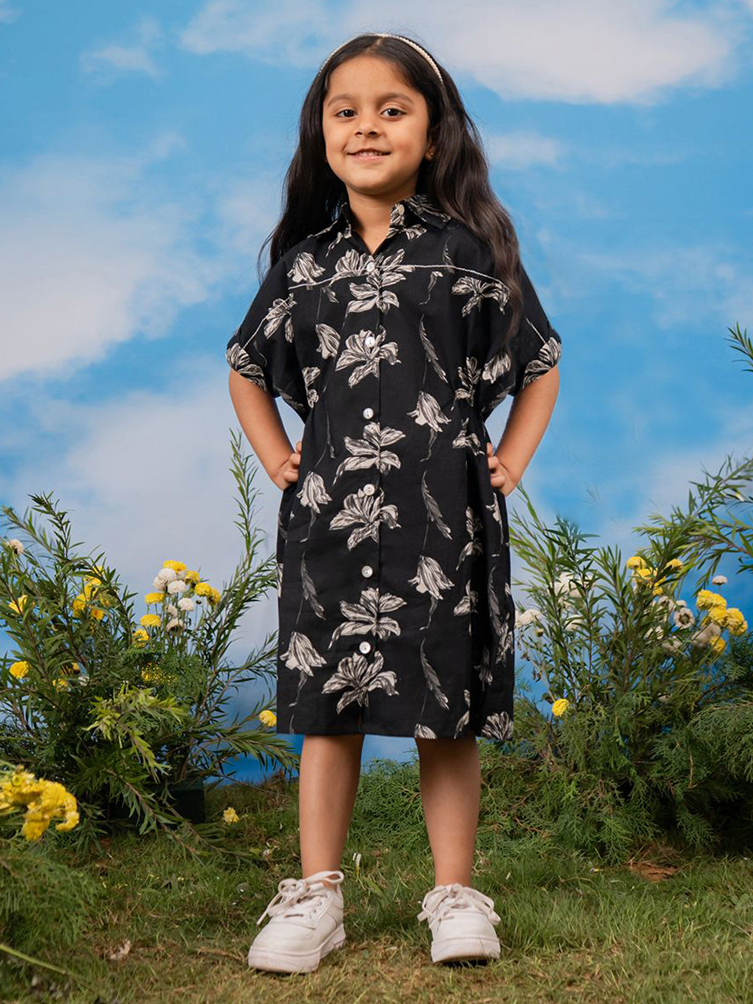 VASTRAMAY Girl Floral Print Shirt Collar Short Sleeve Shirt Dress