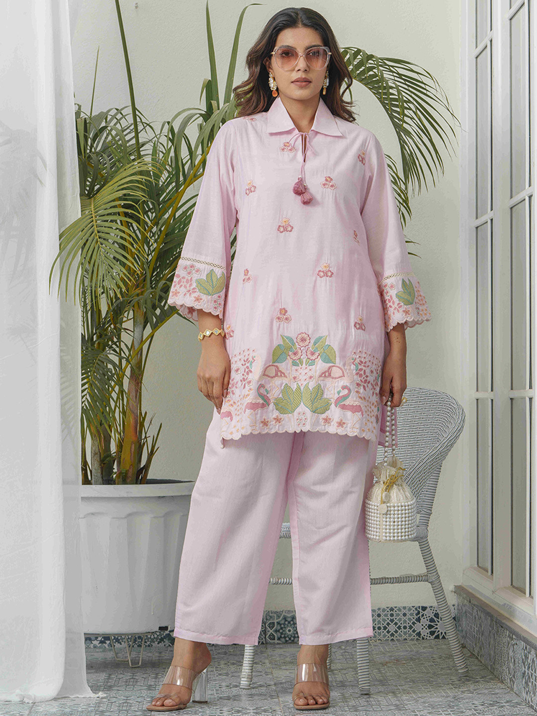 Sangria Floral & Swan Embroidered Shirt Collar Roman Silk Tunic With Trousers