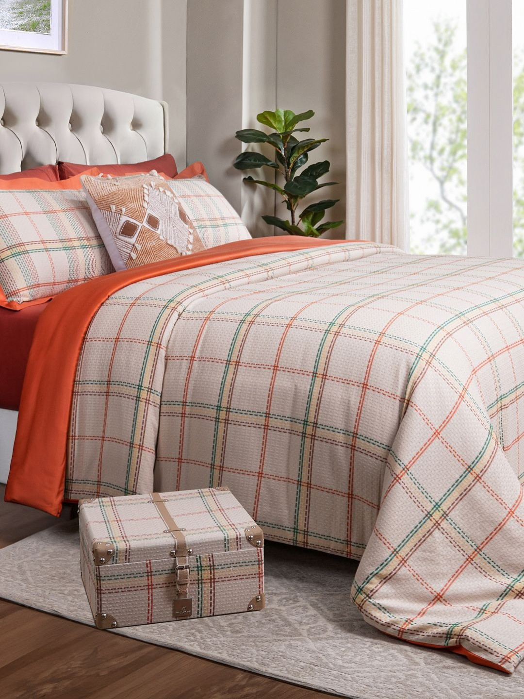 MASPAR Rust Checked Cotton 8 Piece Double King Regular Bedding Set
