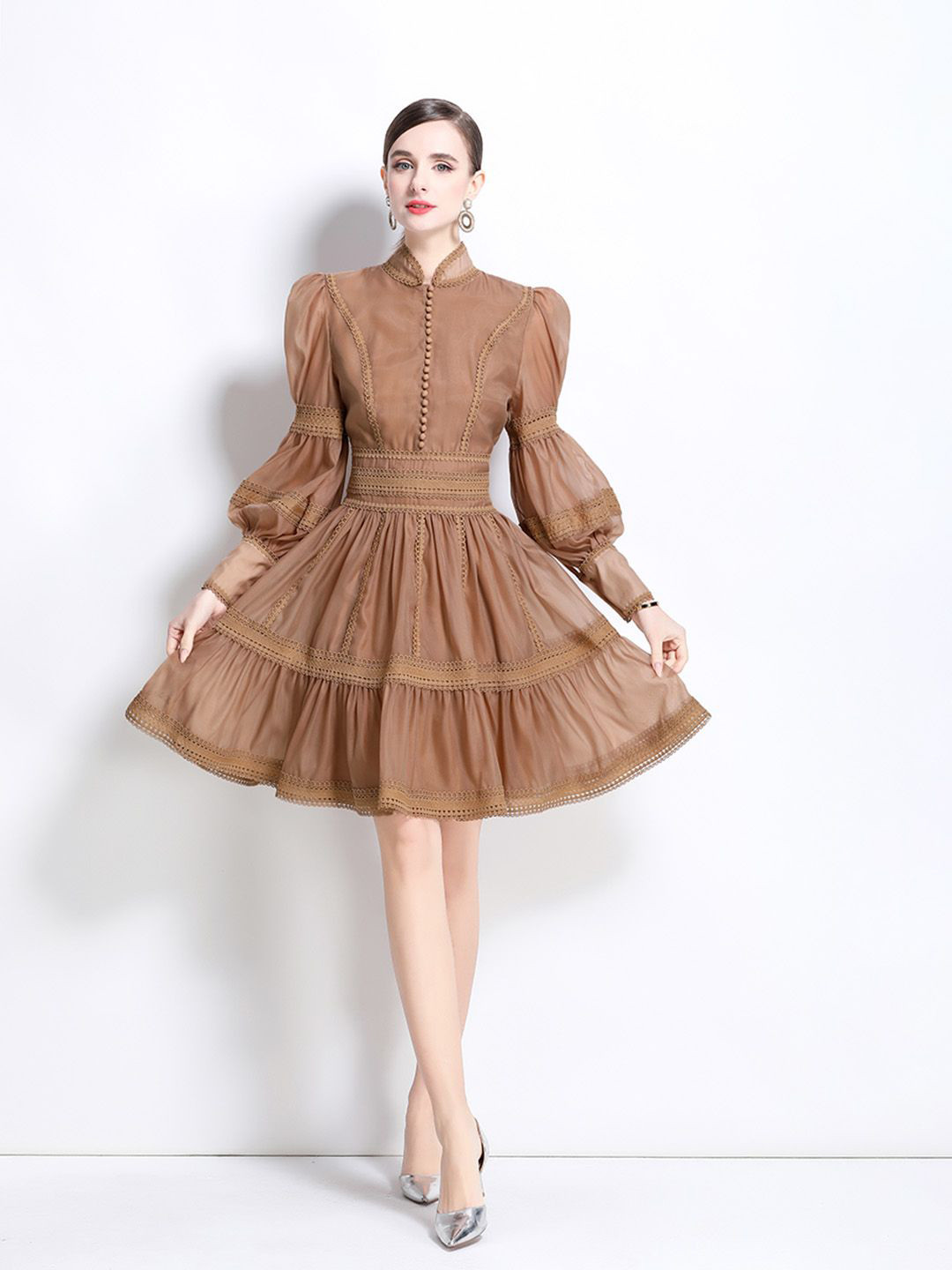 JC Collection Women Mandarin Collar Puff Sleeves Lace Inserts Fit and Flare Dress