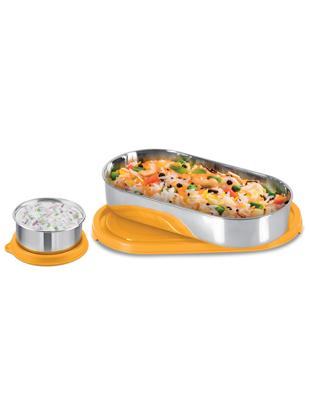Milton Yellow Steel Refresh Oval Container with Lid 675ml & Small Round Tiffin Box 90ml
