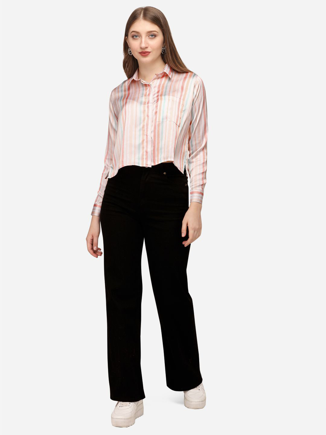 SXV STYLE Women Multicolored Full Sleeve  Satin Shirt Style  Candy Stripes Top