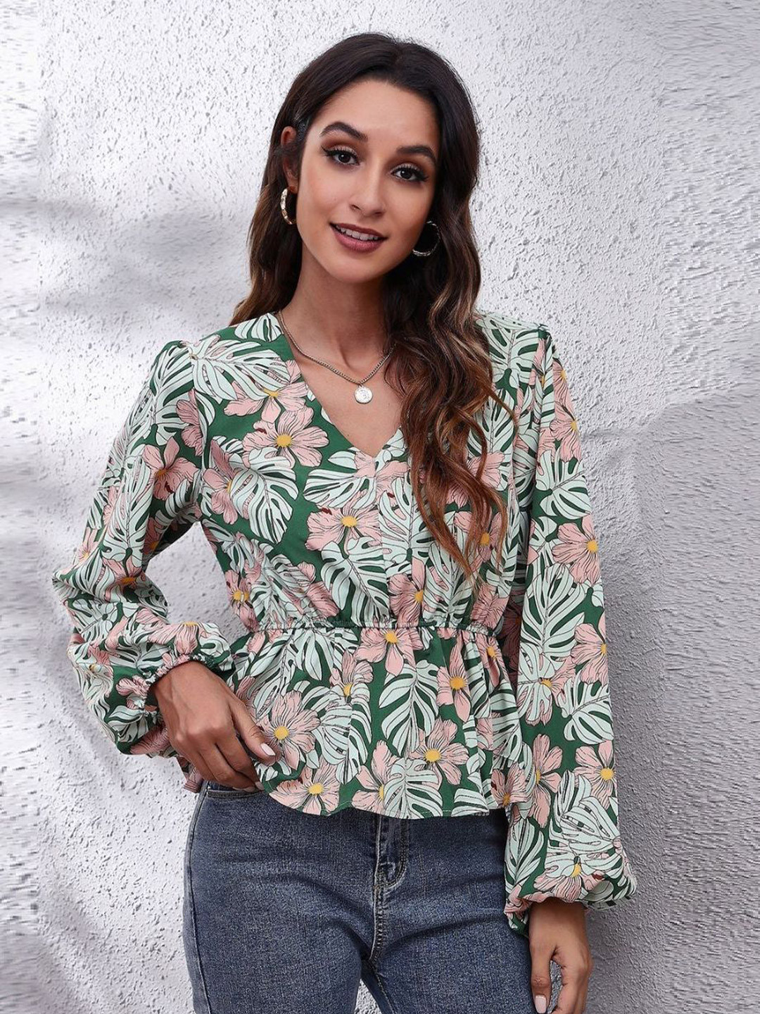 Oh Rare Floral Print Bell Sleeve Wrap Top