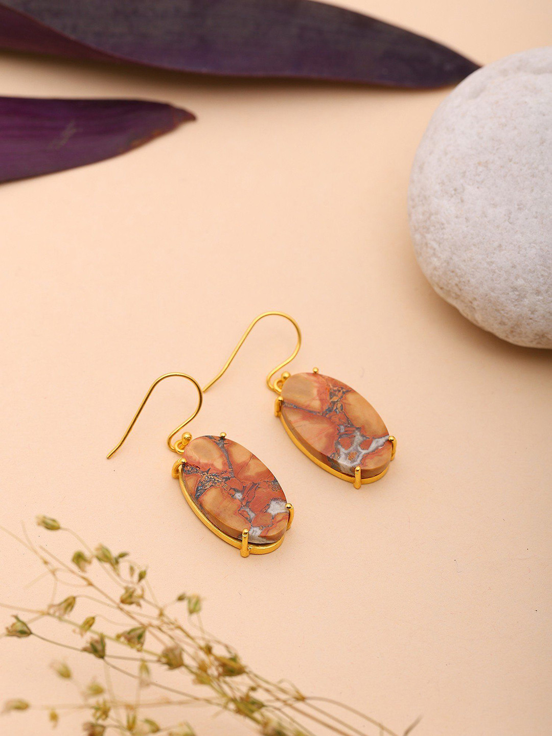 Exotic India Gold Plated Sterling Silver Oval Shaped Maligano Jasper Earrings