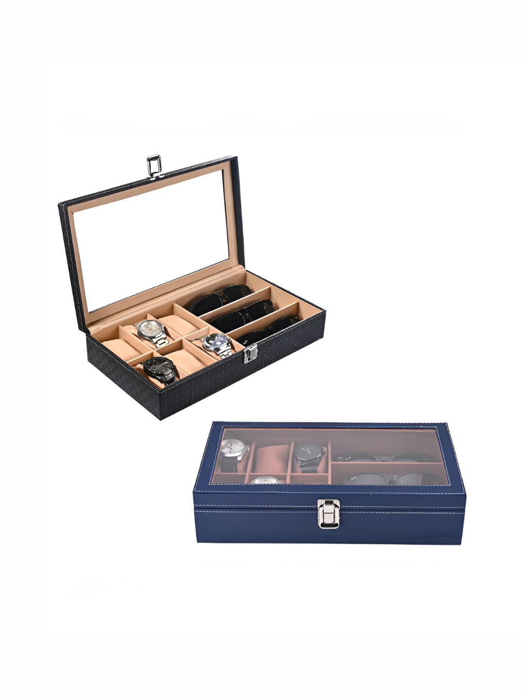 Aura Gold-Toned 2 Pcs Leather 6+3 Slots Wrist Watch Organiser Box Sunglasses Storage Box
