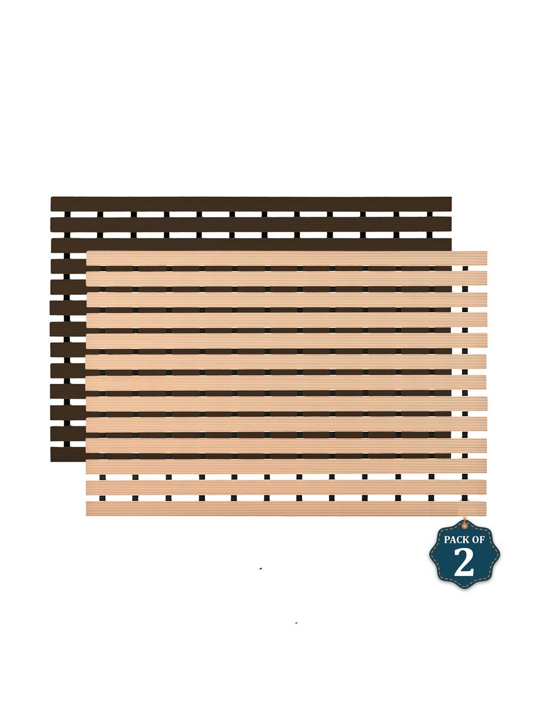 Aura 2Pcs Beige & Brown Striped Anti-Skid Bath Rugs