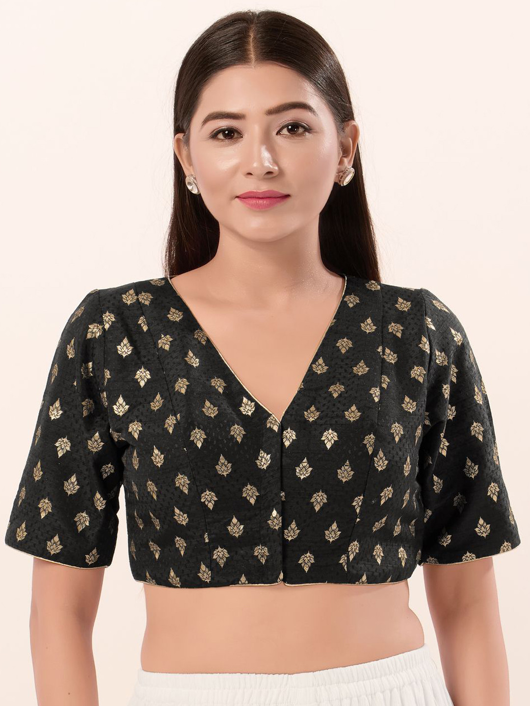 VAMAS - THE DESIGNER BLOUSES Woven Design Brocade V Neck Padded Saree Blouse