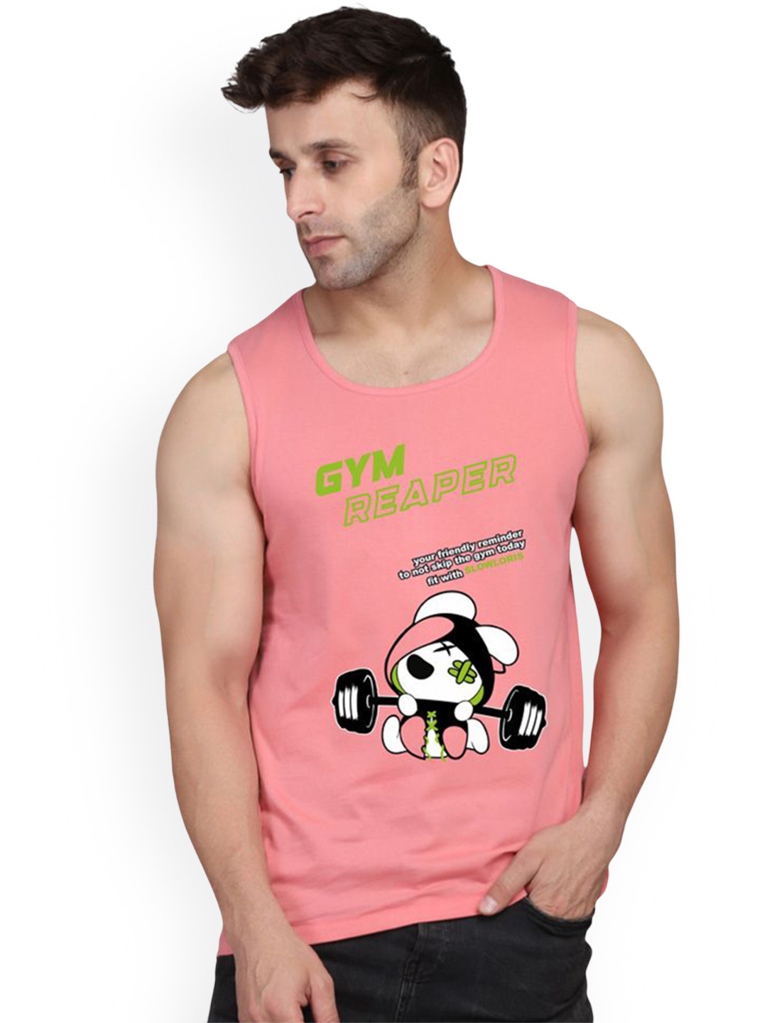 SLOWLORIS Printed Super Combed Cotton Gym Vest VSL26 GYM PEACH