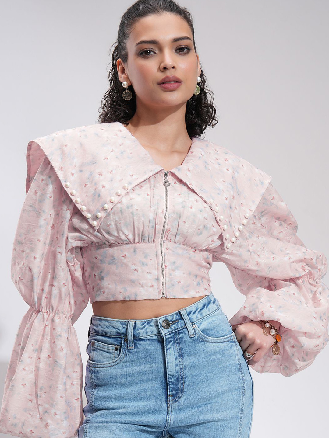 Tokyo Talkies Embellished Blouson Puff Sleeves Gather And Pleated Top