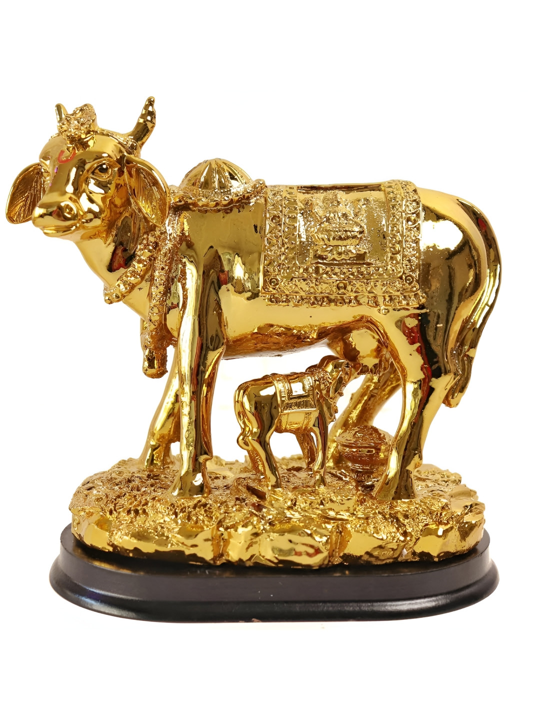 The Spiritual Living Kamdhenu Cow with Calf Gold Polyresin Glossy Prayer Room Medium Showpiece -