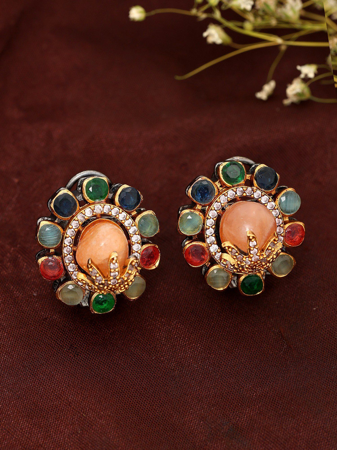 Exotic India Multistone Studded Floral Design Earrings In Alloy