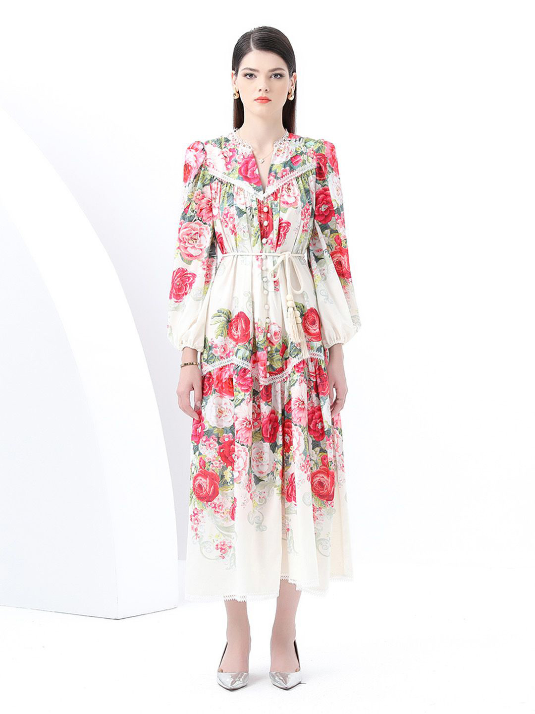 JC Collection Floral Printed Tie-Ups & Lace Insert Detailed Midi Dress