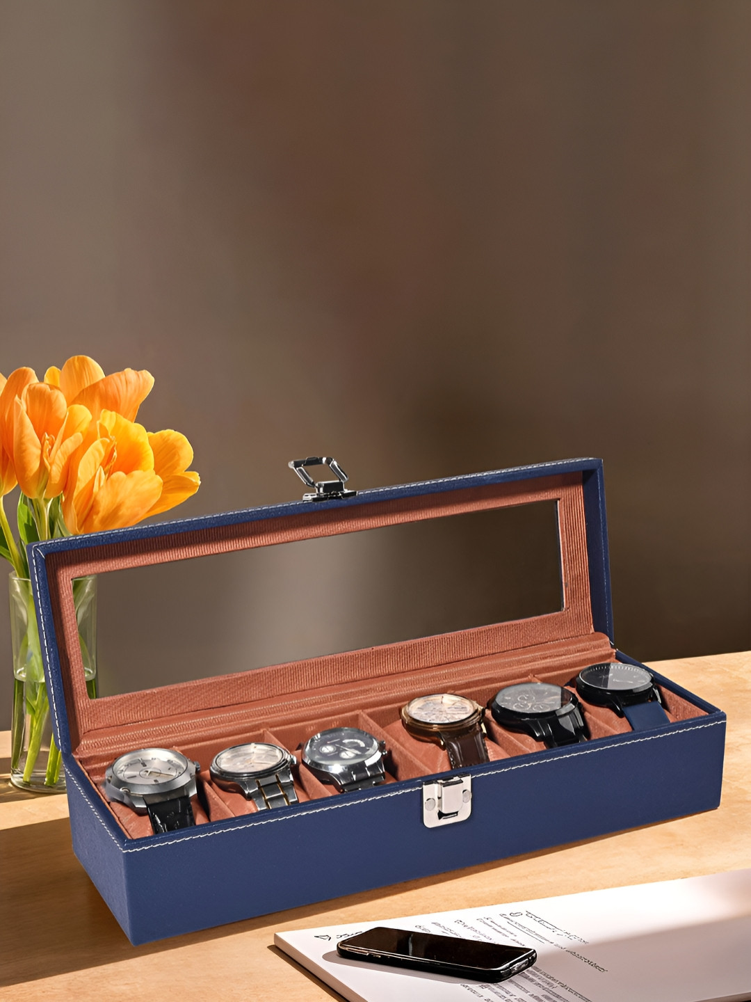 Myntra Elegant Homes Navy Blue Premium Faux Leather 6 Slots Watch Holder Organisers Box