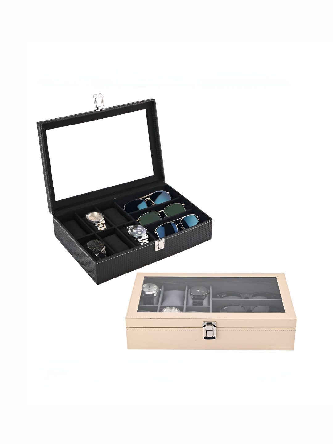 Aura Black Set of 2 Leather 6+3 Slots Wrist Watch Organiser & Sunglasses Storage Box