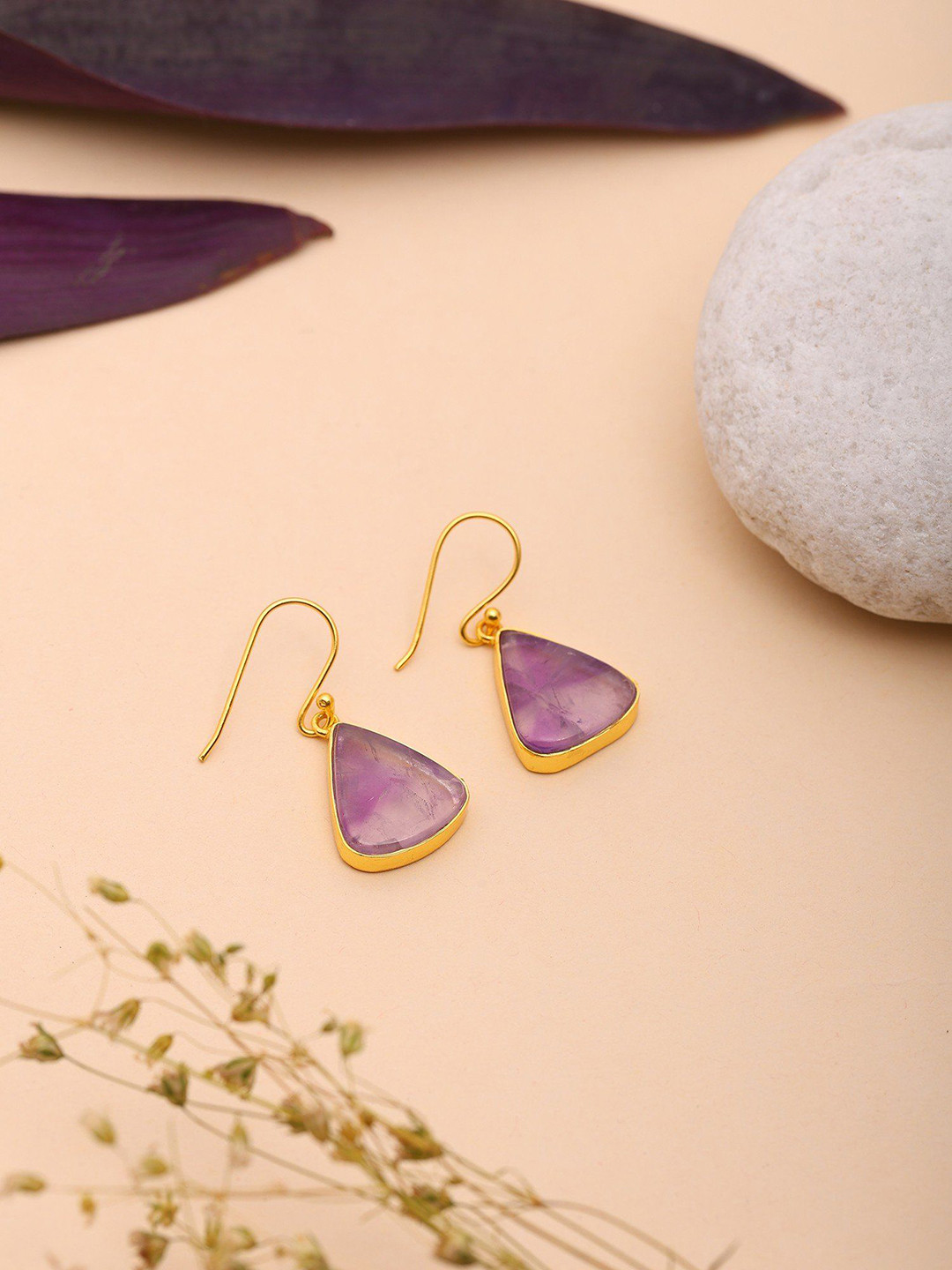 Exotic India Sterling Silver Gold-Plated Amethyst Studded Triangle Shaped Drop Earrings