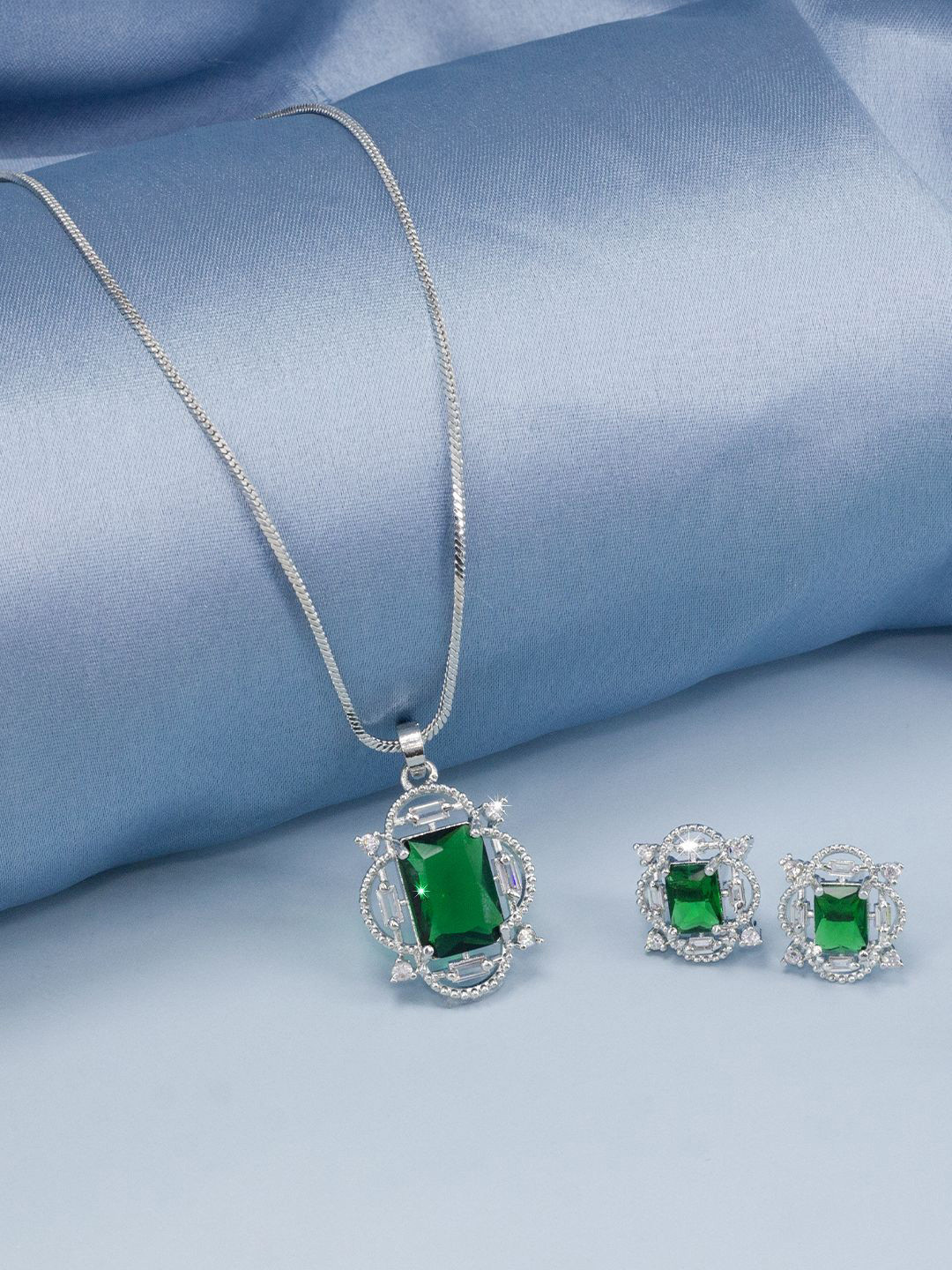 PRIVIU Silver-Plated Green American Diamond-Studded Jewellary Set