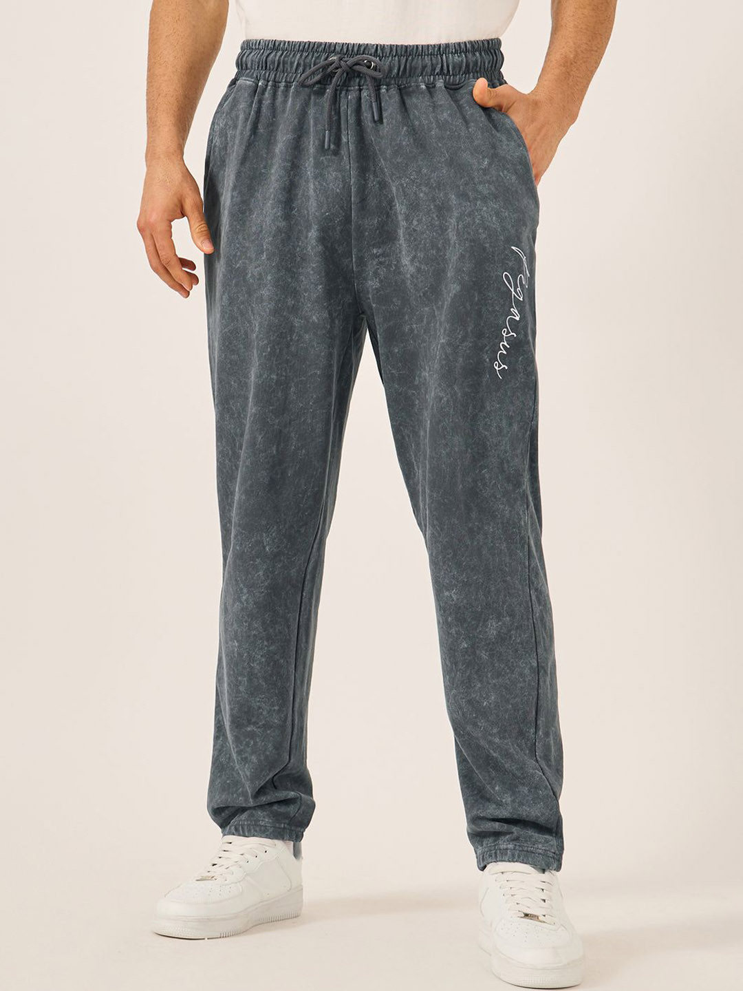 Styli Men Acid Washed Cursive Text Print Slim Fit Terry Jogger