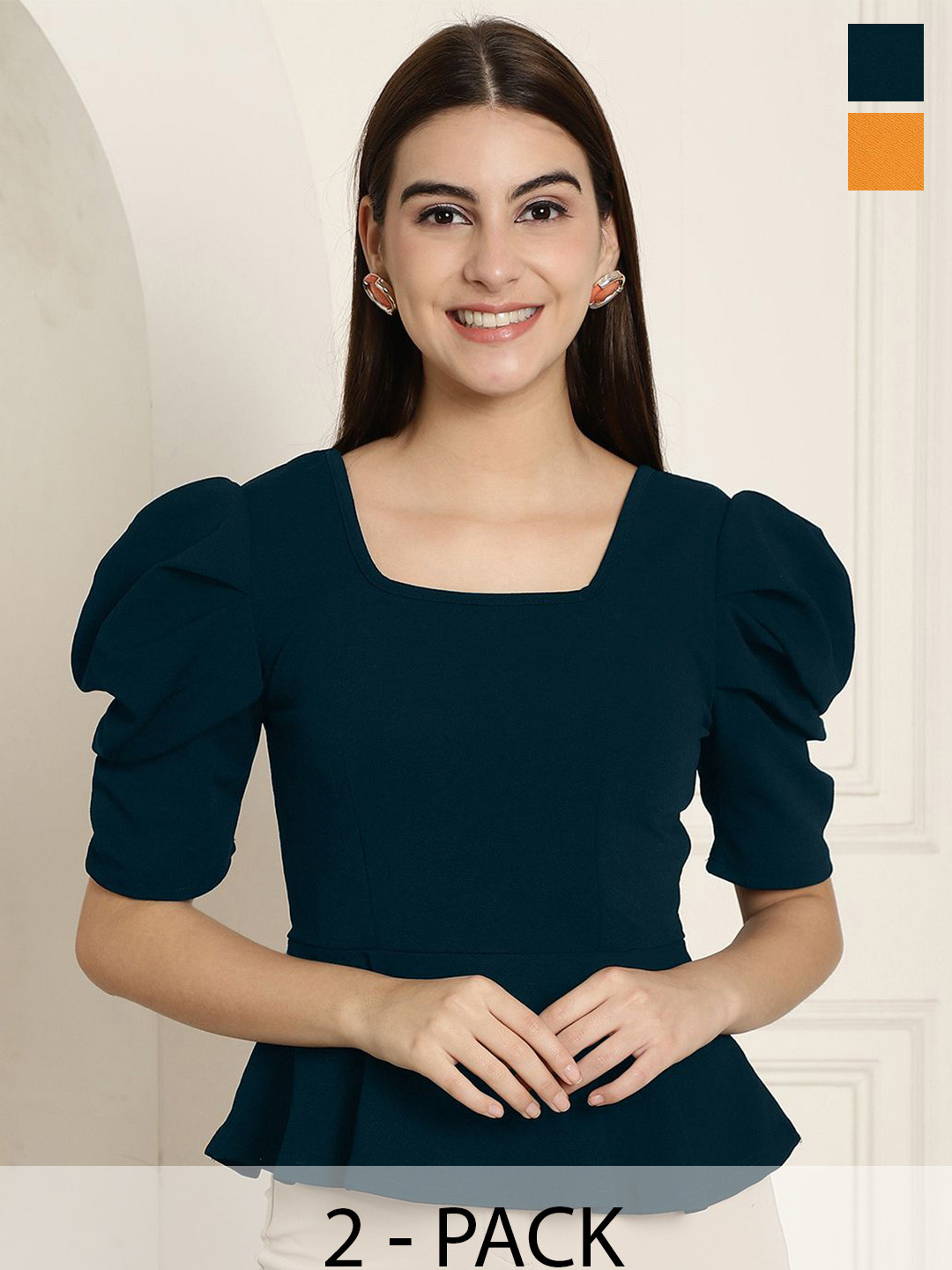 Tromko  Women Solid Color Square Neck Puff Sleeves  Peplum Top