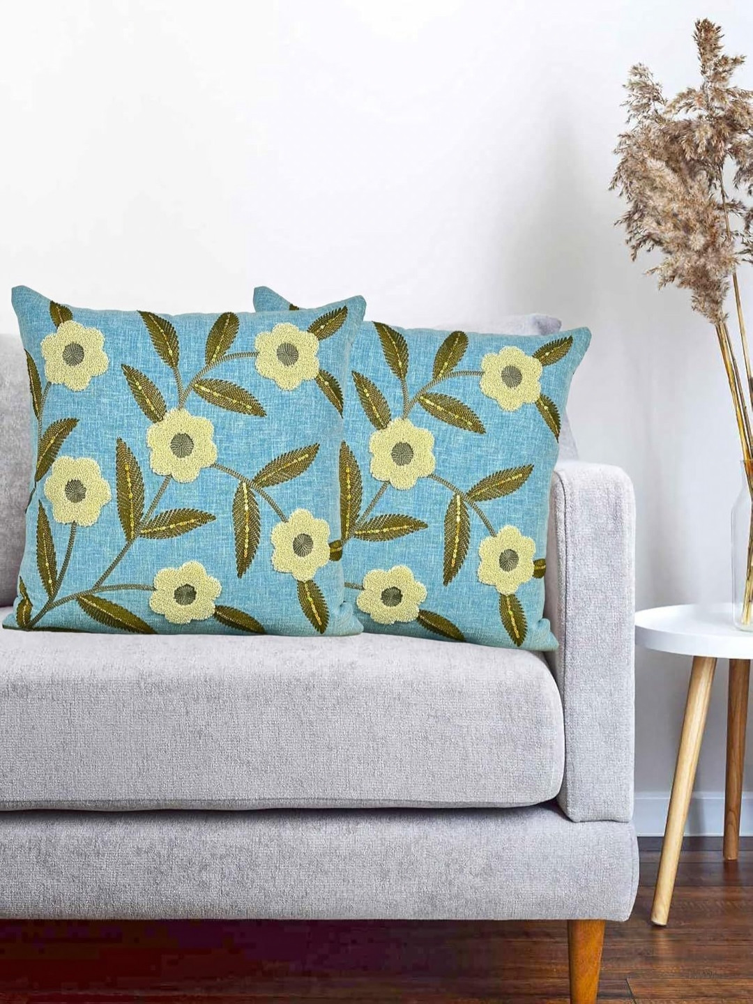 MONKDECOR Teal Set of 2 Floral Linen Square Cushion Covers