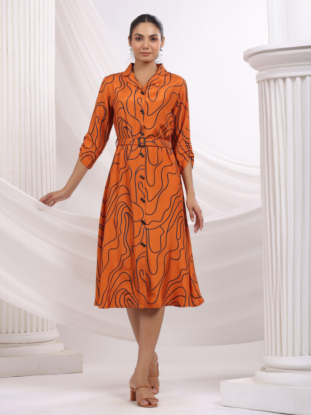 JISORA  Women Orange Printed Russian Silk Dress