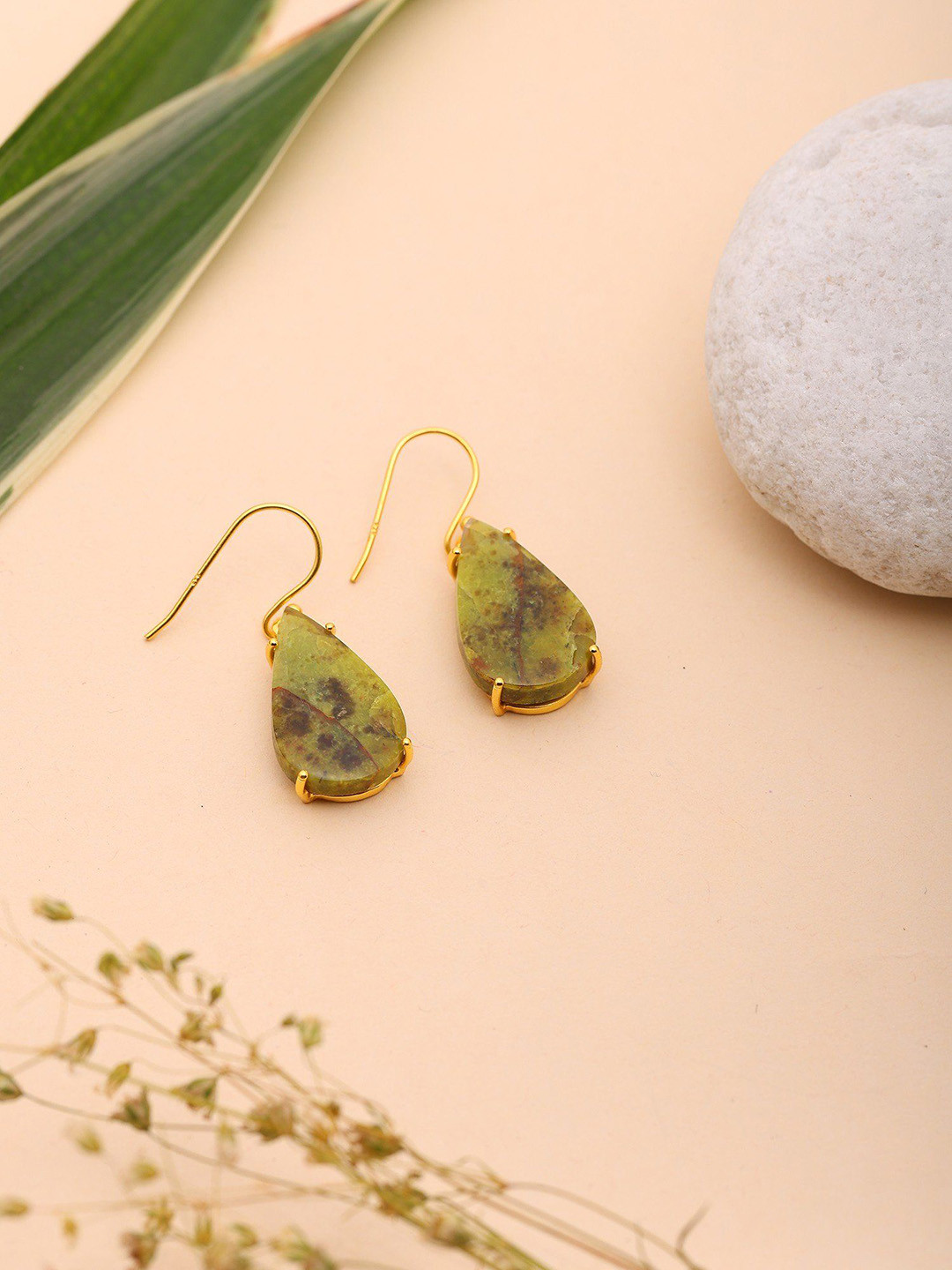 Exotic India Sterling Silver Gold Plated Opal Gemstone Triangular Half Hoop Earrings