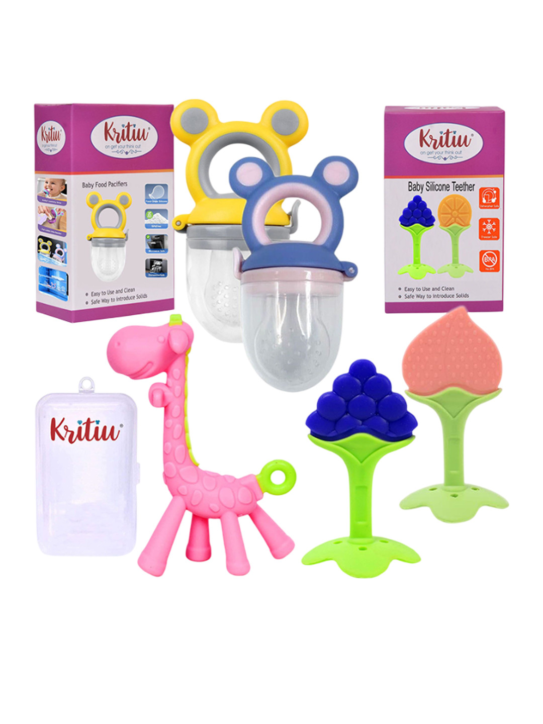 Kritiu 5-Pcs Green & Blue Silicone Fruit & Giraffe Shape BabyTeether & Pacifier