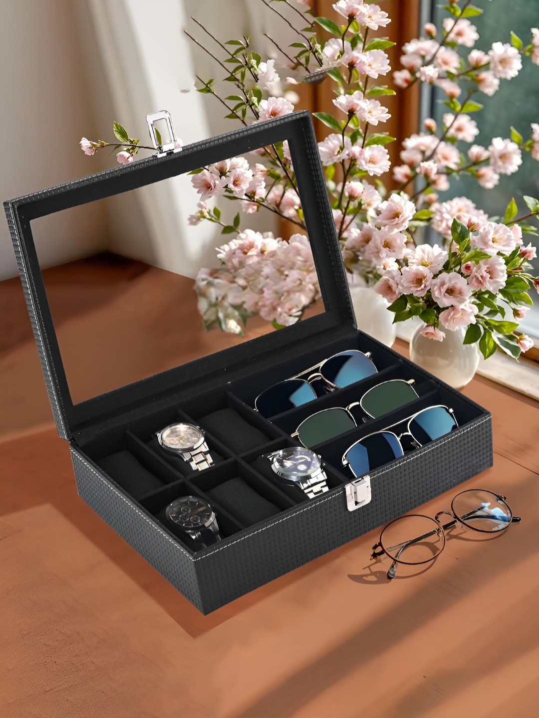 Aura Black Premium Faux Leather See Through 6+3 Slots Wrist Watch Organiser Sunglasses Box